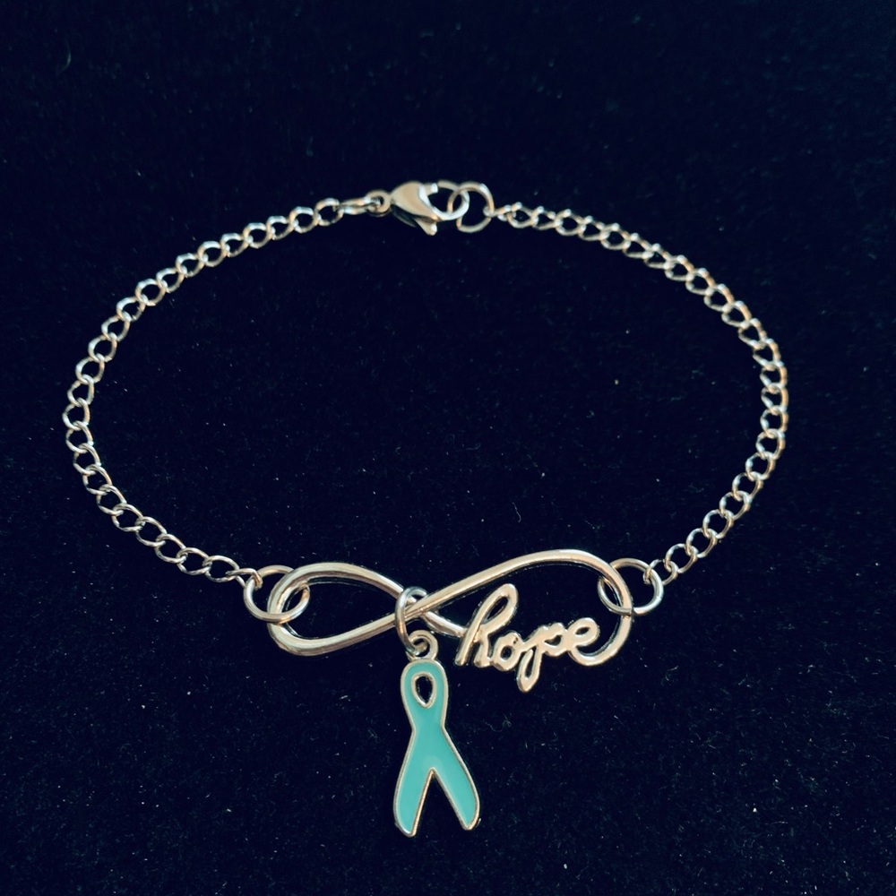 Infinity “Hope” stainless steel bracelet with teal ribbon charm - Picture 3 of 5